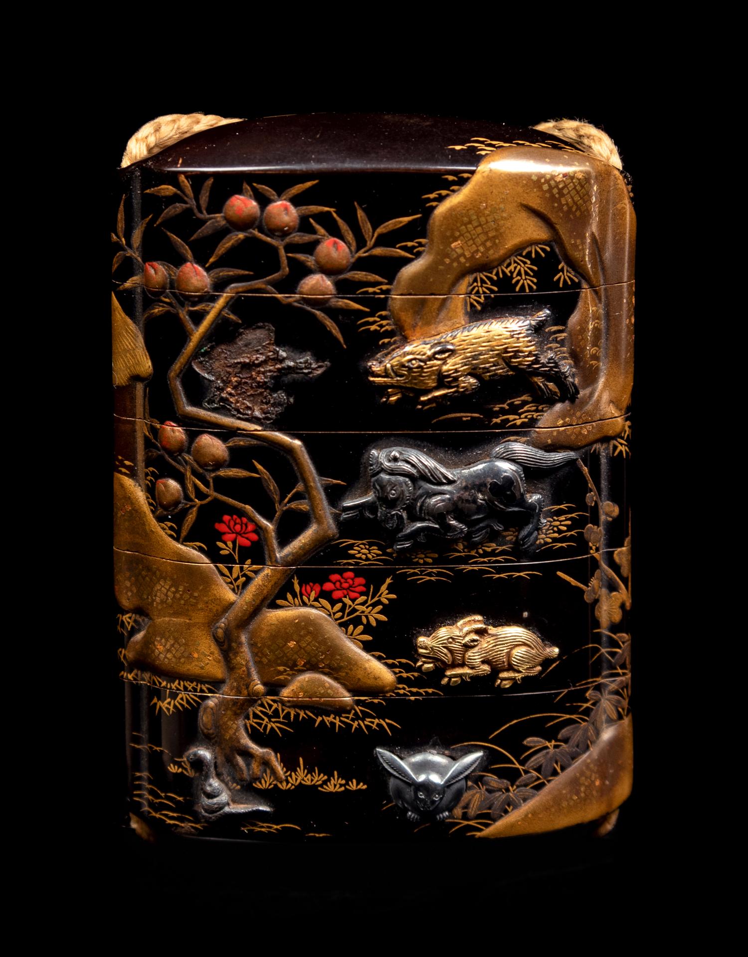 A Mixed-Metal Inlaid Gold and Black Lacquer Four-Case Inro