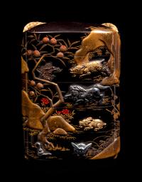 A Mixed-Metal Inlaid Gold and Black Lacquer Four-Case Inro