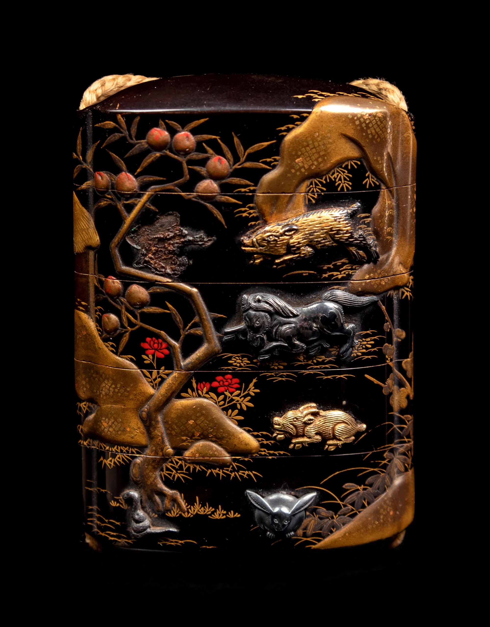 A Mixed-Metal Inlaid Gold and Black Lacquer Four-Case Inro
