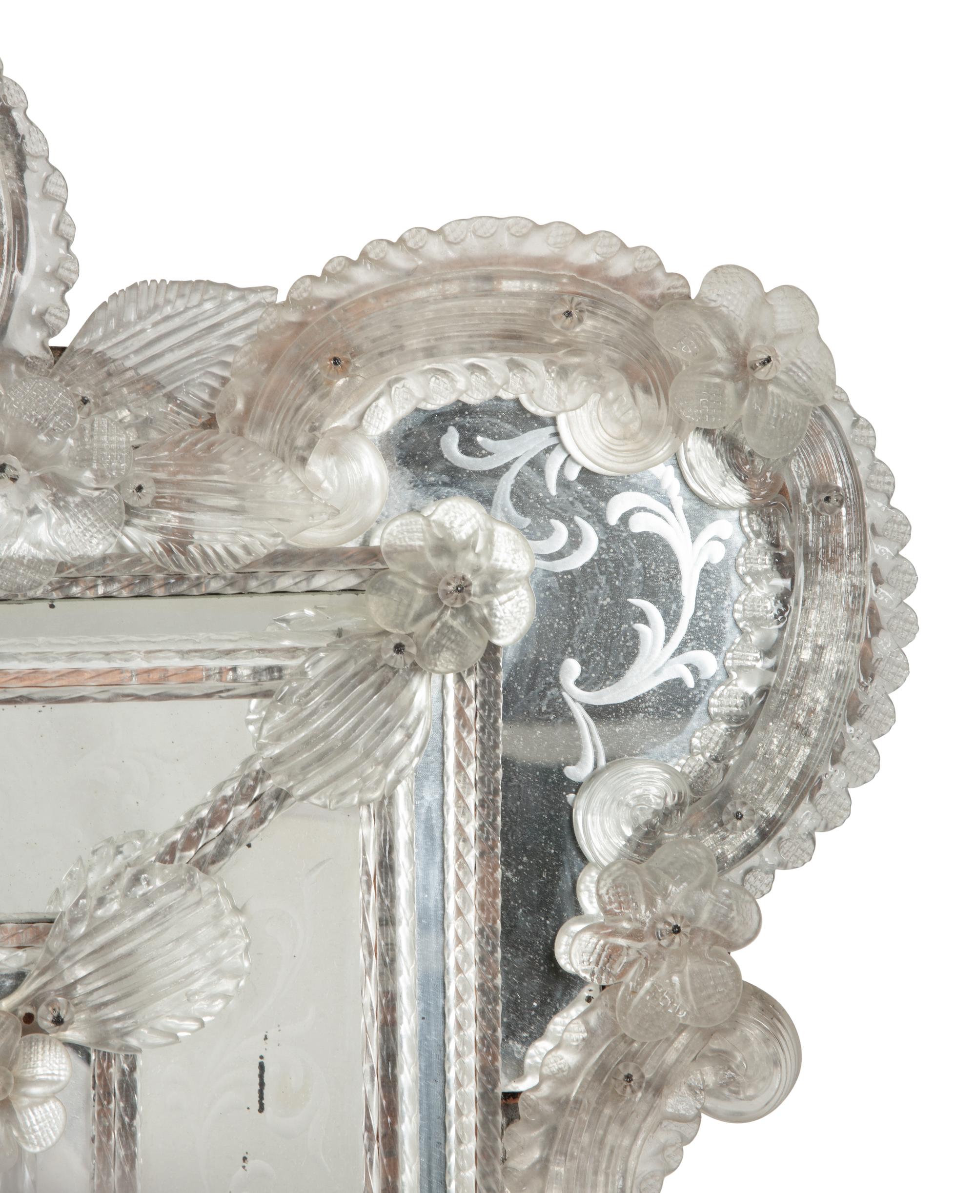 A Venetian Etched Glass Mirror with Cartouche-Form Crest