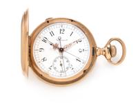 LECOULTRE, 18K YELLOW GOLD HUNTER CASE SPLIT SECOND CHRONOGRAPH POCKET WATCH