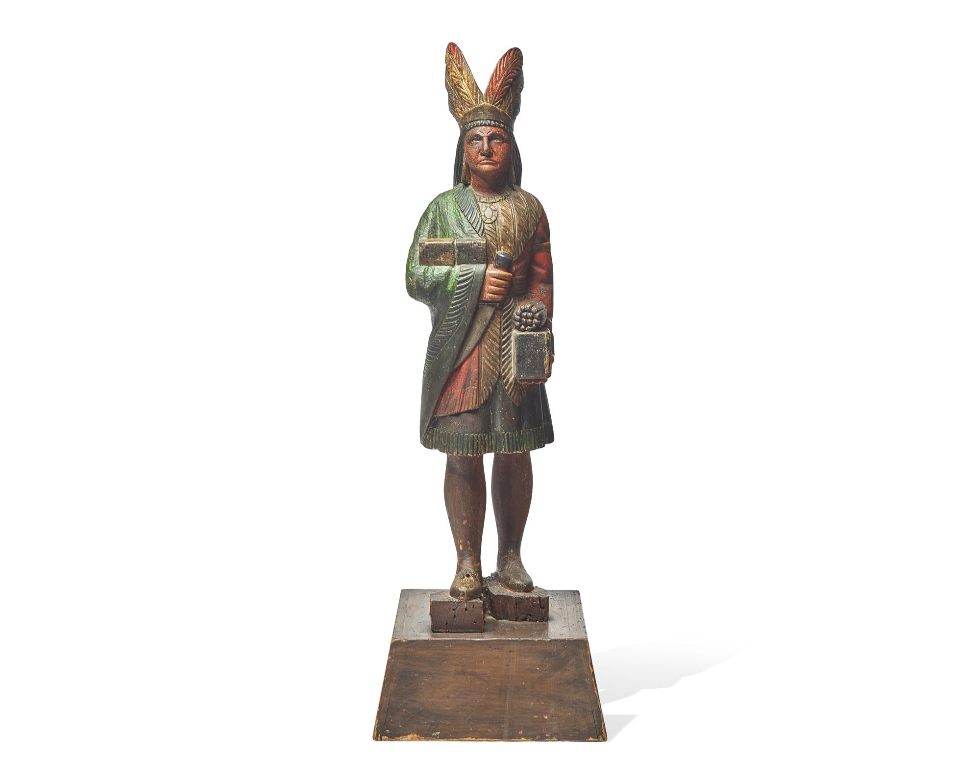A Carved And Painted Tobacconist Figure Of A Native American Chief