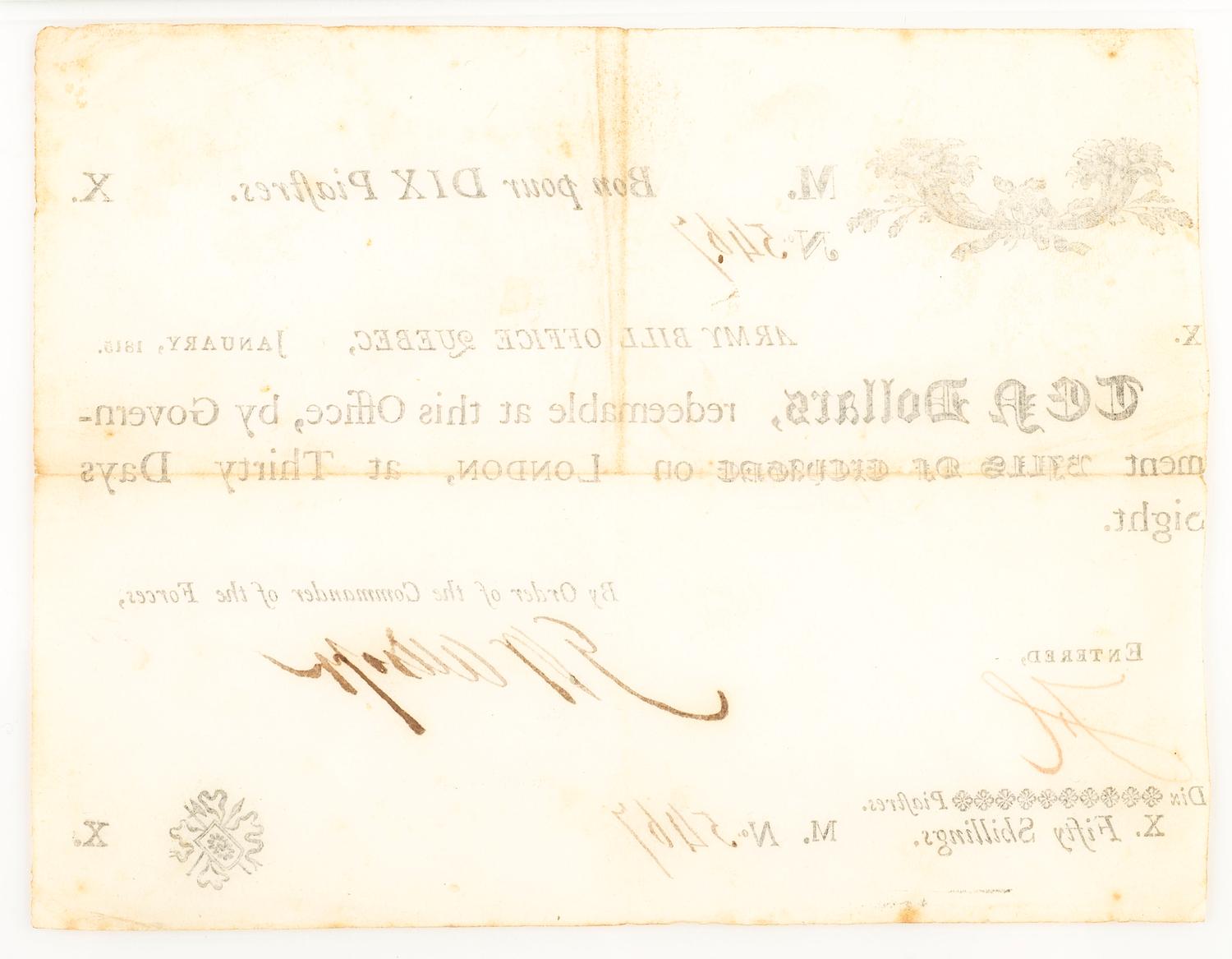 [WAR OF 1812]. Canadian Army Bill, 10 Dollar note issued January 1815.