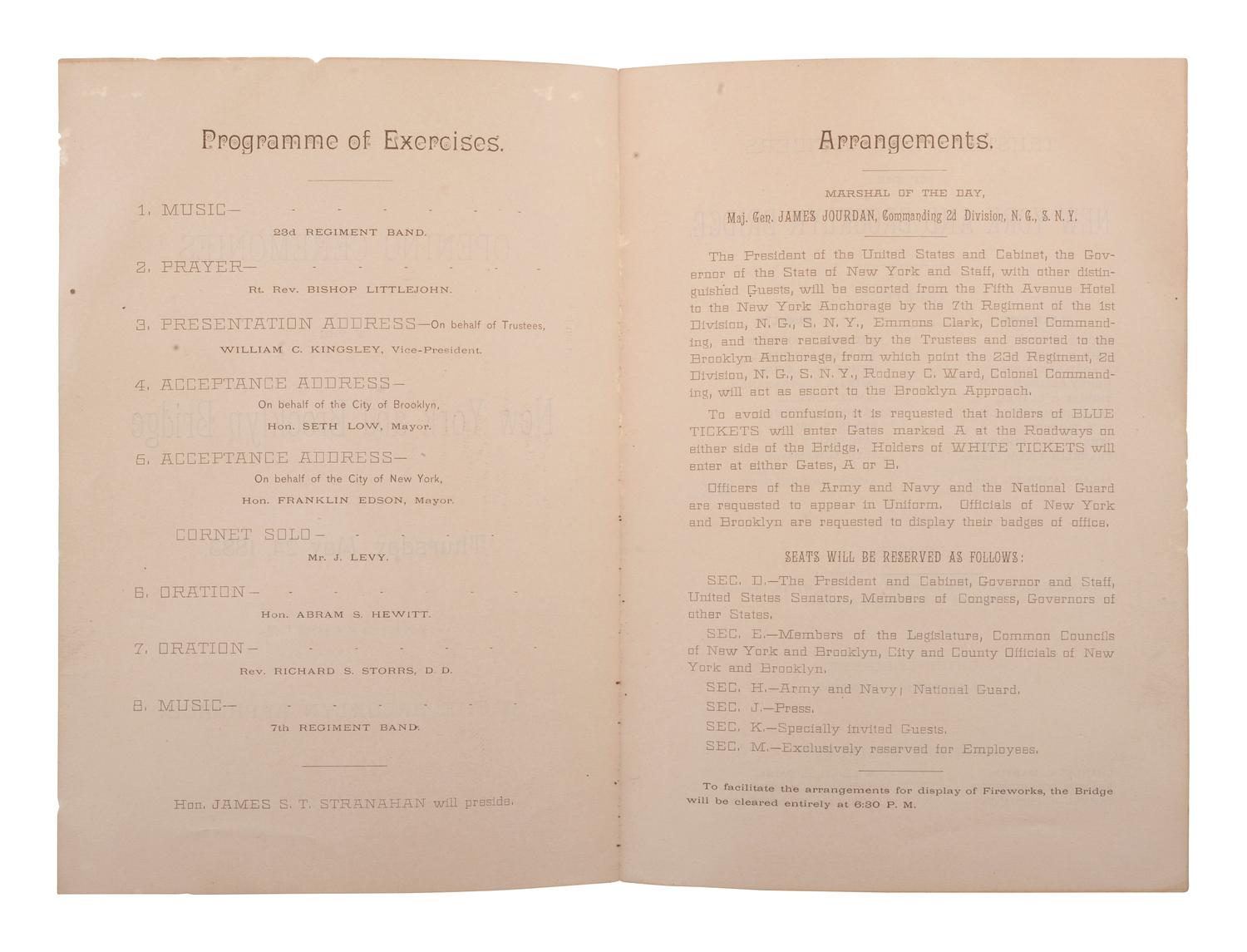 [NEW YORK]. Program and formal invitation to the "Opening Ceremonies of the New York and Brooklyn Bridge." [1883].