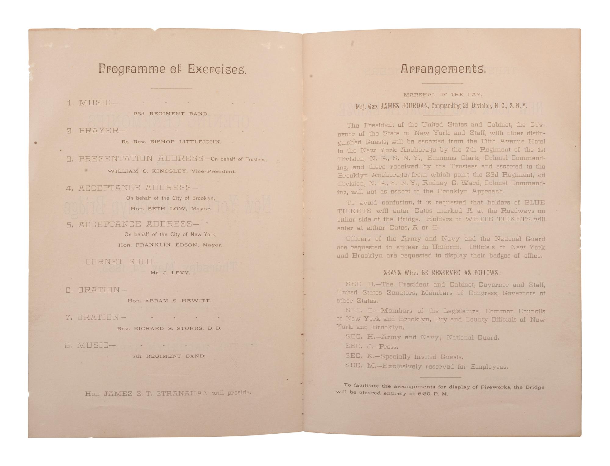 [NEW YORK]. Program and formal invitation to the "Opening Ceremonies of the New York and Brooklyn Bridge." [1883].