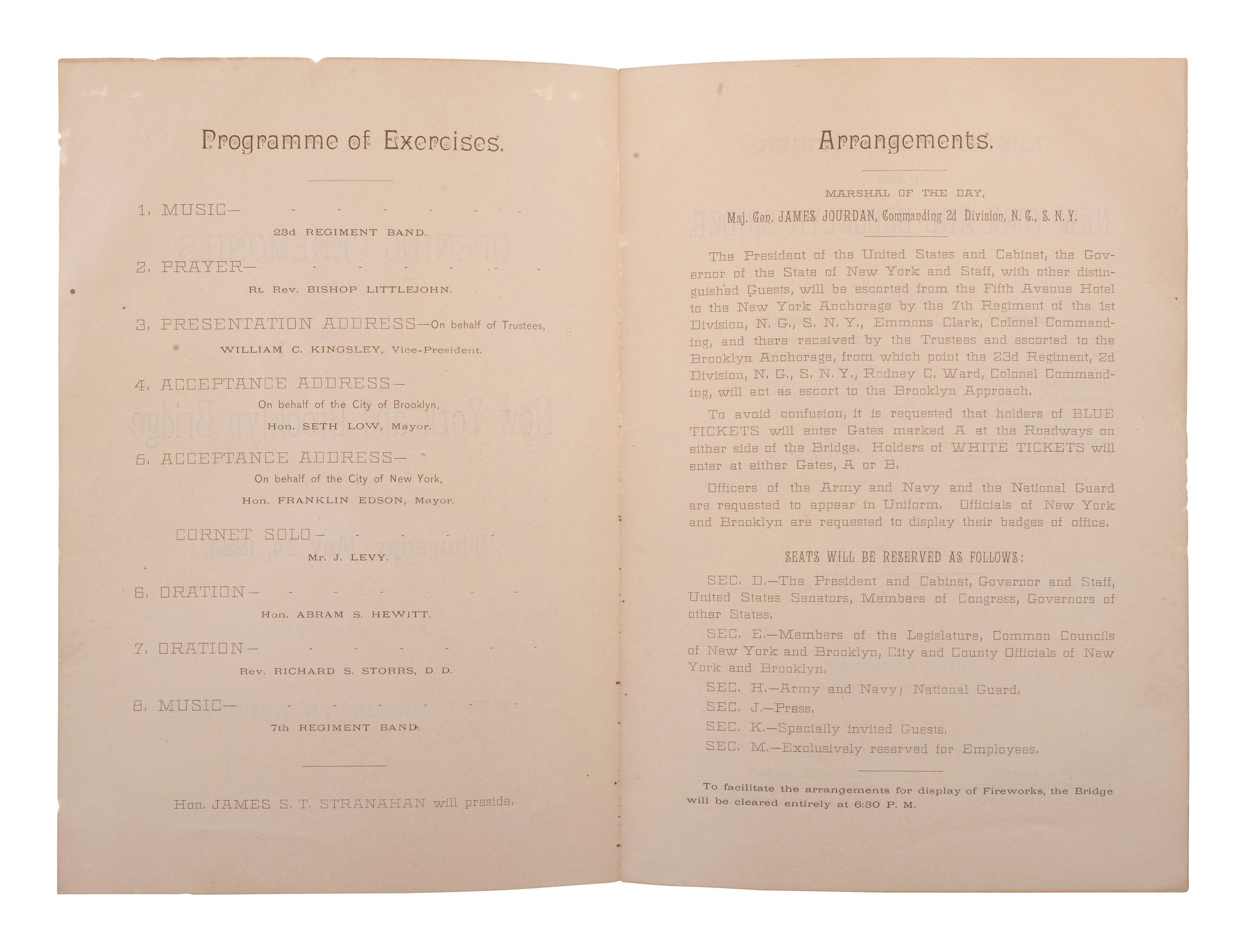[NEW YORK]. Program and formal invitation to the "Opening Ceremonies of the New York and Brooklyn Bridge." [1883].