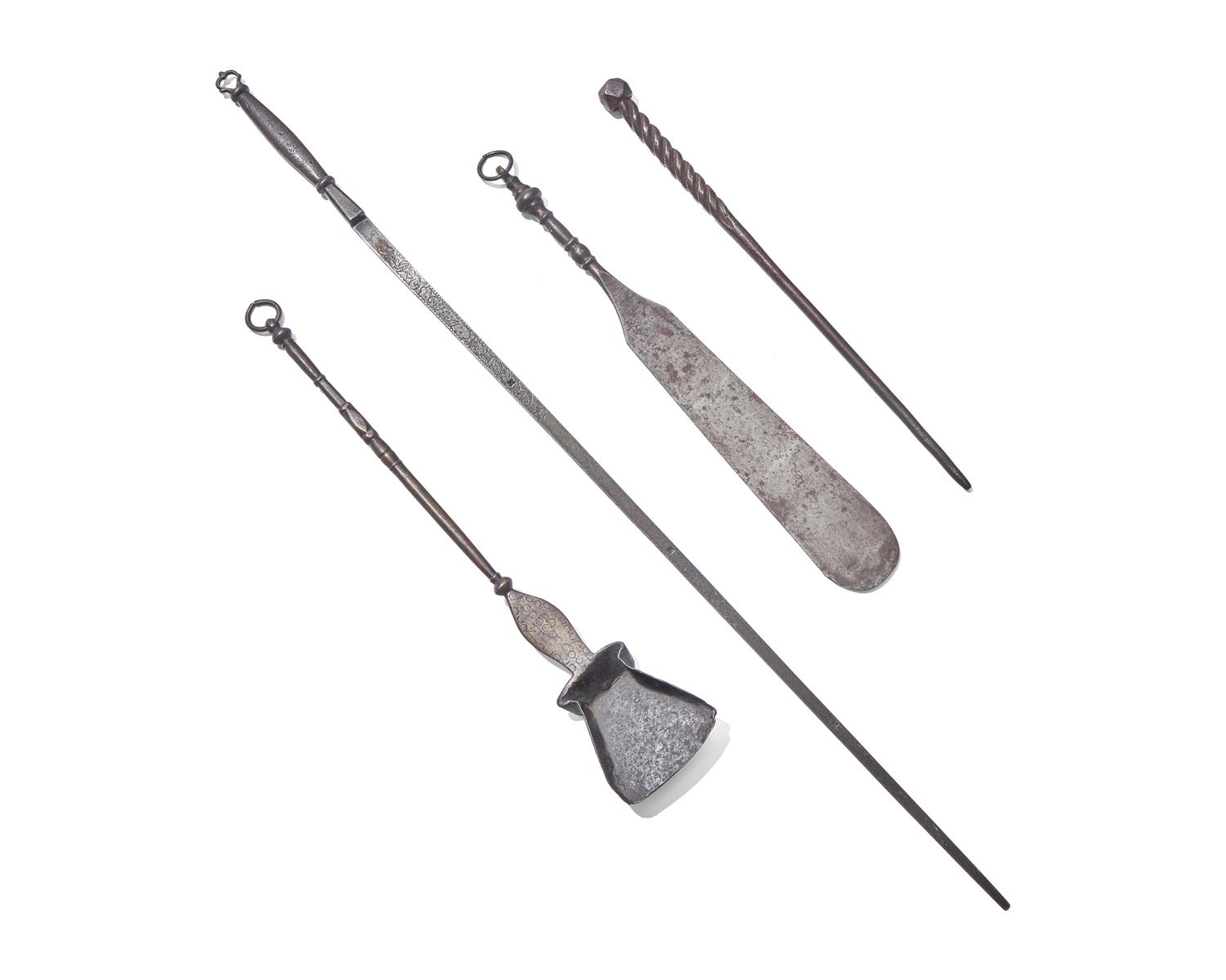 A Group of Four Wrought Iron Kitchen / Fireplace Implements, Most Northern European, 18th Century