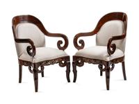 A Pair of Portuguese Pewter-Inlaid Mahogany Armchairs — 19TH CENTURY