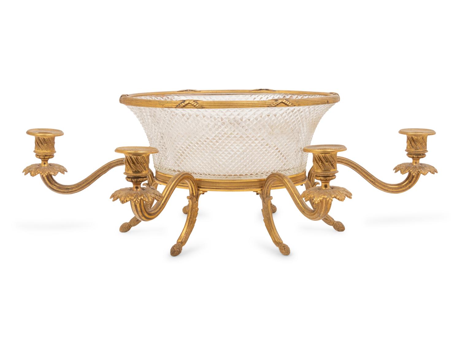 A Louis XVI Style Gilt Bronze and Cut Glass Six-Light Centerpiece Bowl