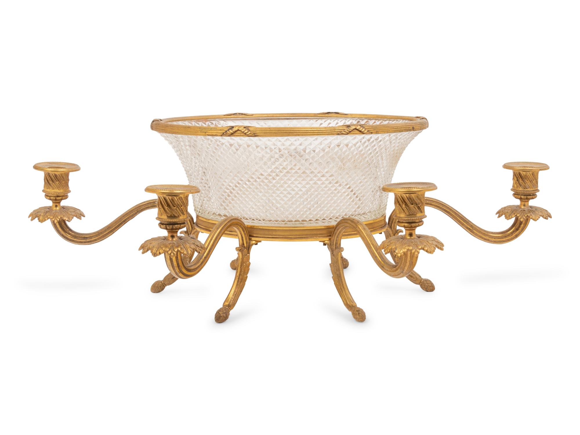 A Louis XVI Style Gilt Bronze and Cut Glass Six-Light Centerpiece Bowl