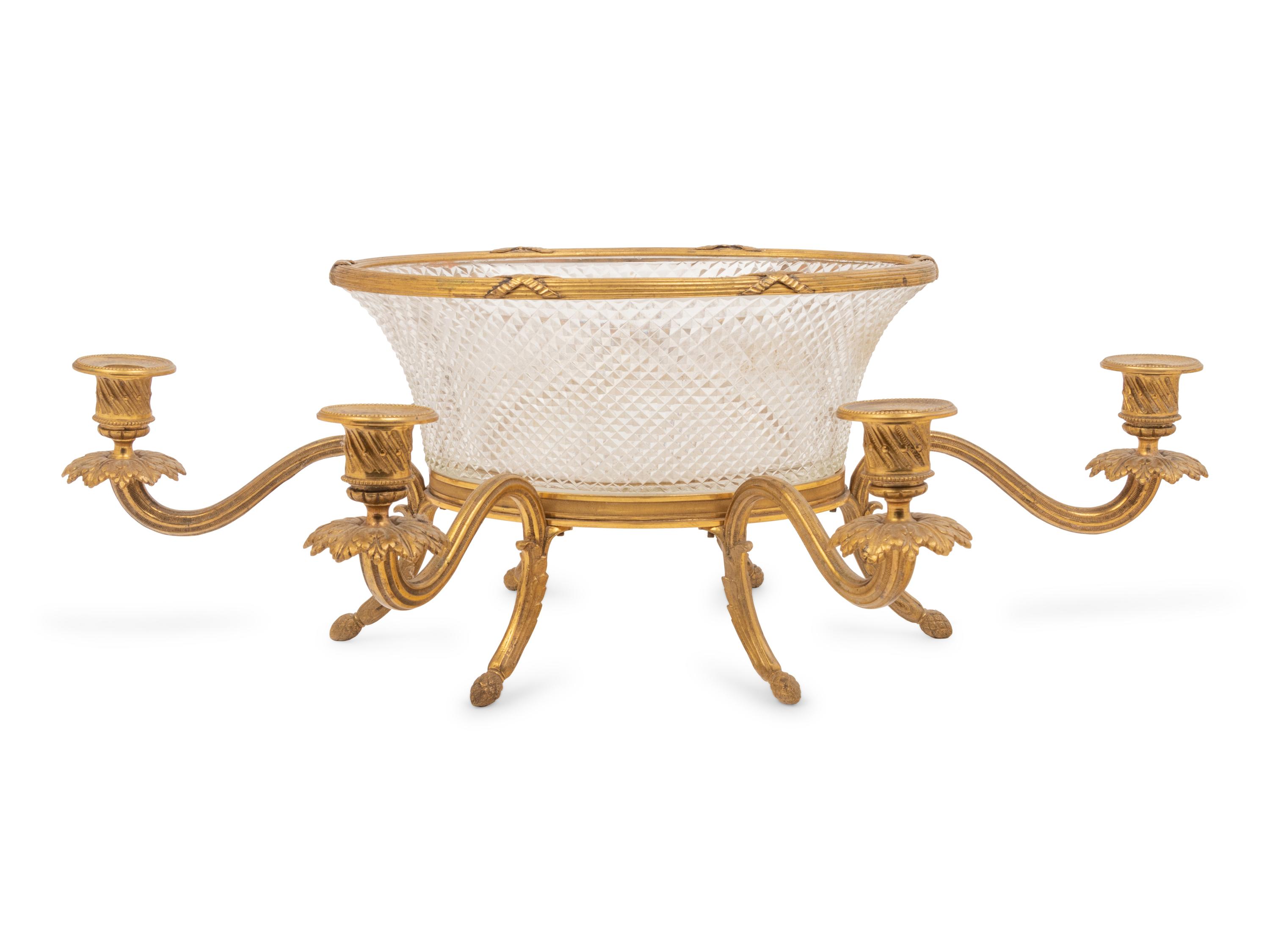 A Louis XVI Style Gilt Bronze and Cut Glass Six-Light Centerpiece Bowl