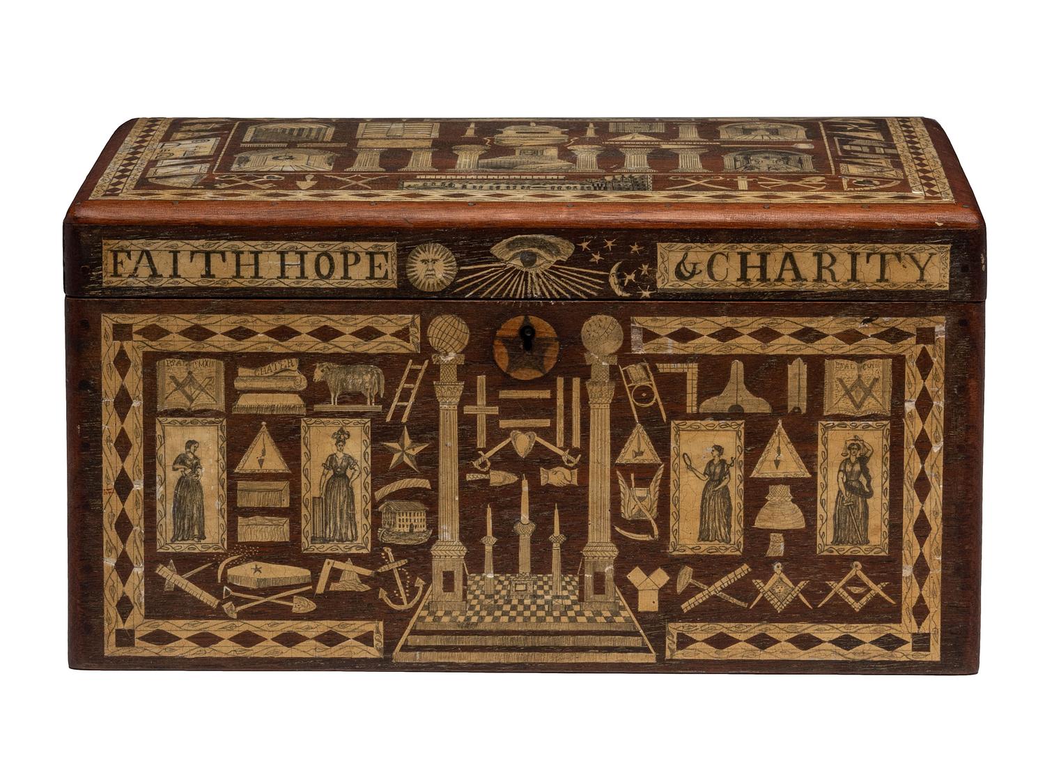 An American Scottish Rite Masonic-Decorated Sulphur Inlaid and Penwork Walnut Cash Box