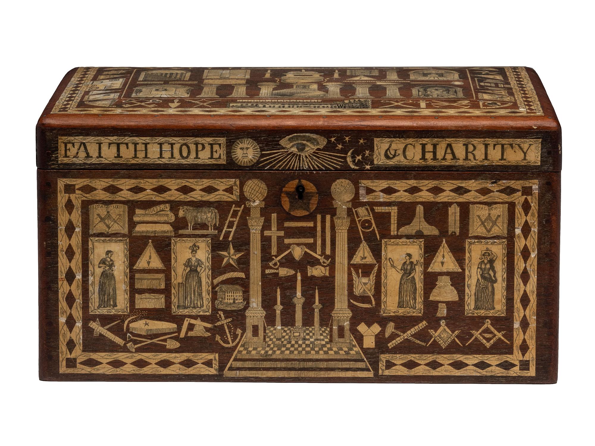 An American Scottish Rite Masonic-Decorated Sulphur Inlaid and Penwork Walnut Cash Box