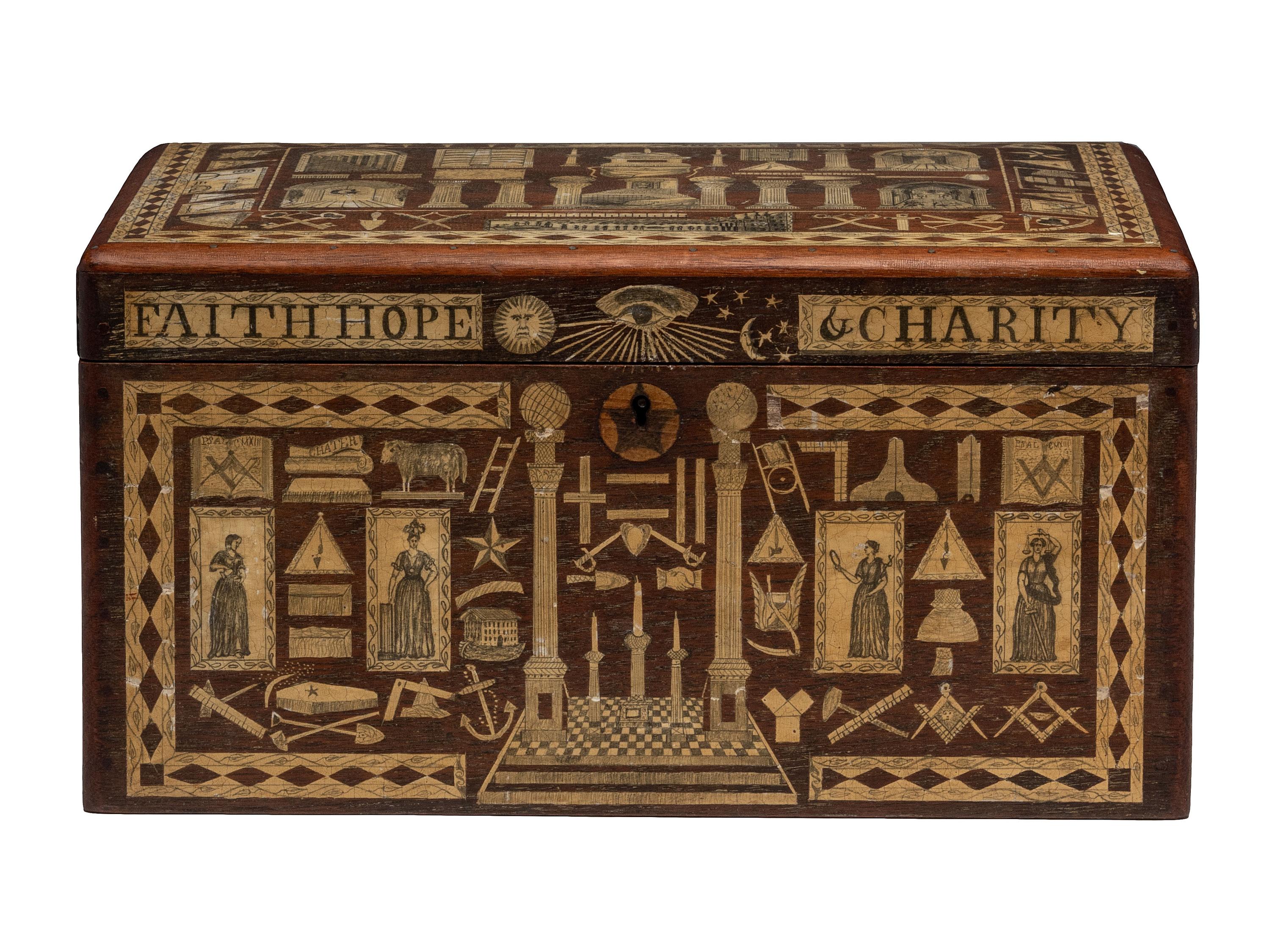 An American Scottish Rite Masonic-Decorated Sulphur Inlaid and Penwork Walnut Cash Box