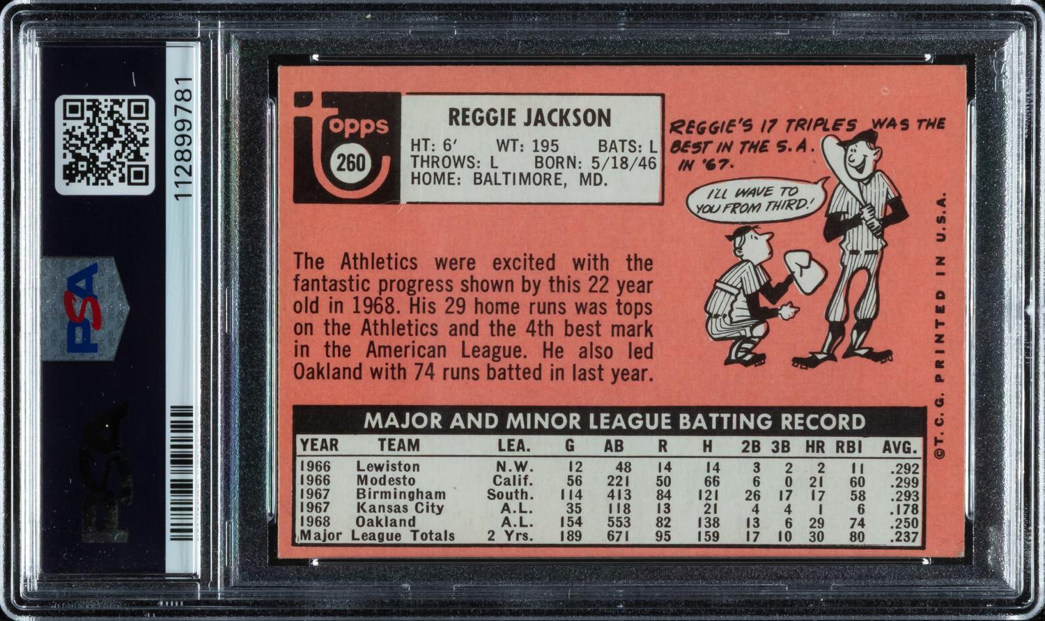 A 1969 Topps Reggie Jackson Rookie Baseball Card No. 260 (PSA 6.5 EX-MT+)