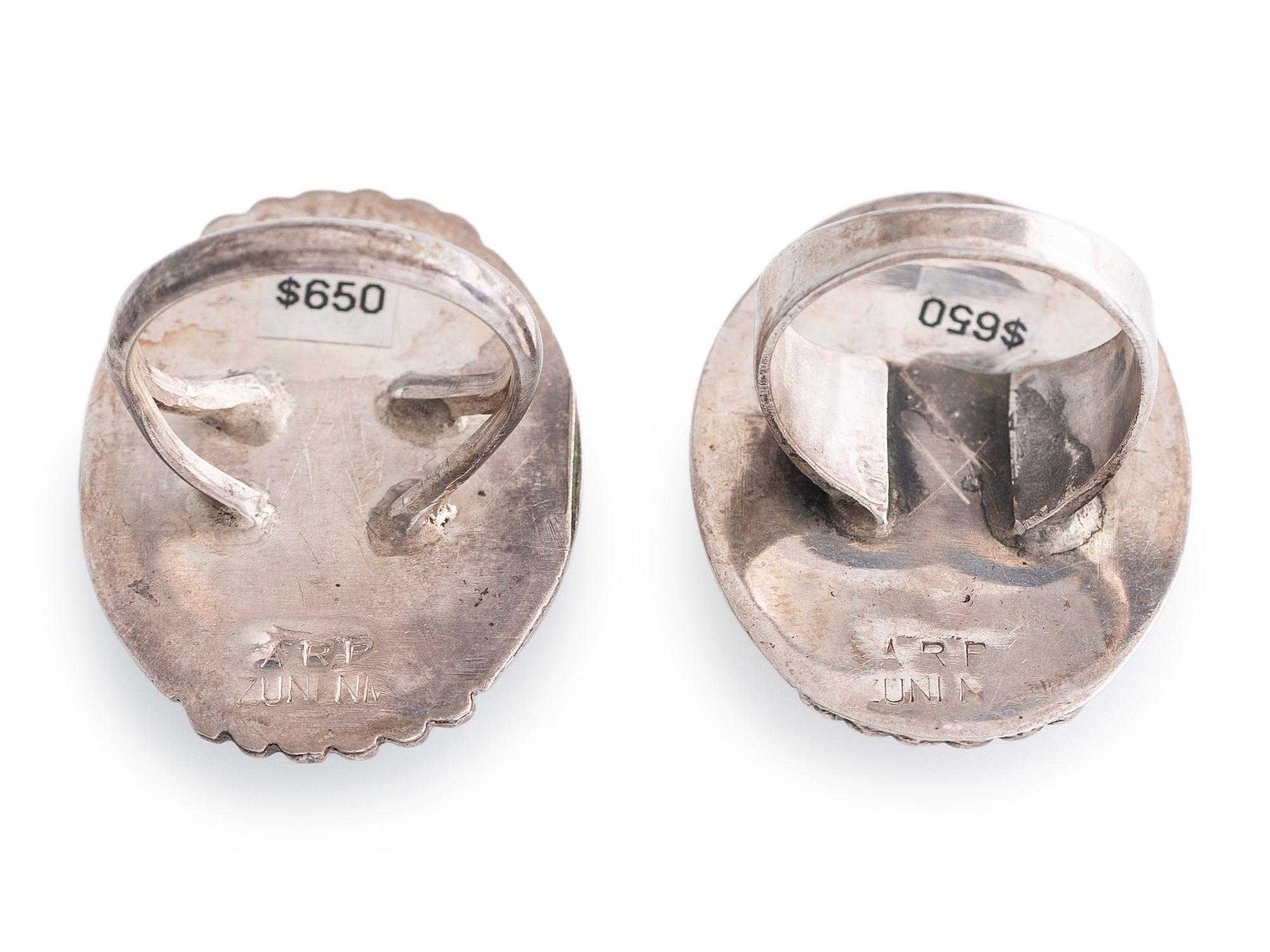 Silver and Mosaic Inlay Rings, with Dancing Mudhead Figures