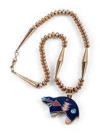 14k Gold Necklace, with Reversible Mosaic Inlay Bear Pendant, in the Stye of Jesse Monongya