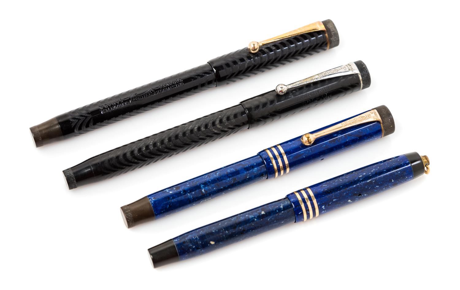 A Group of Four Parker Fountain Pens Length of first 5 3/8 inches.