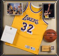 An Upper Deck Authenticated Magic Johnson Multi Signed Autograph Los Angeles Lakers Shadowbox Display,