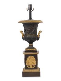 A Pair of Louis Phillippe Parcel-Gilt and Patinated Bronze Urns Mounted as Lamps