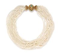 A Yellow Gold, Turquoise and Cultured Pearl Multistrand Torsade Necklace,