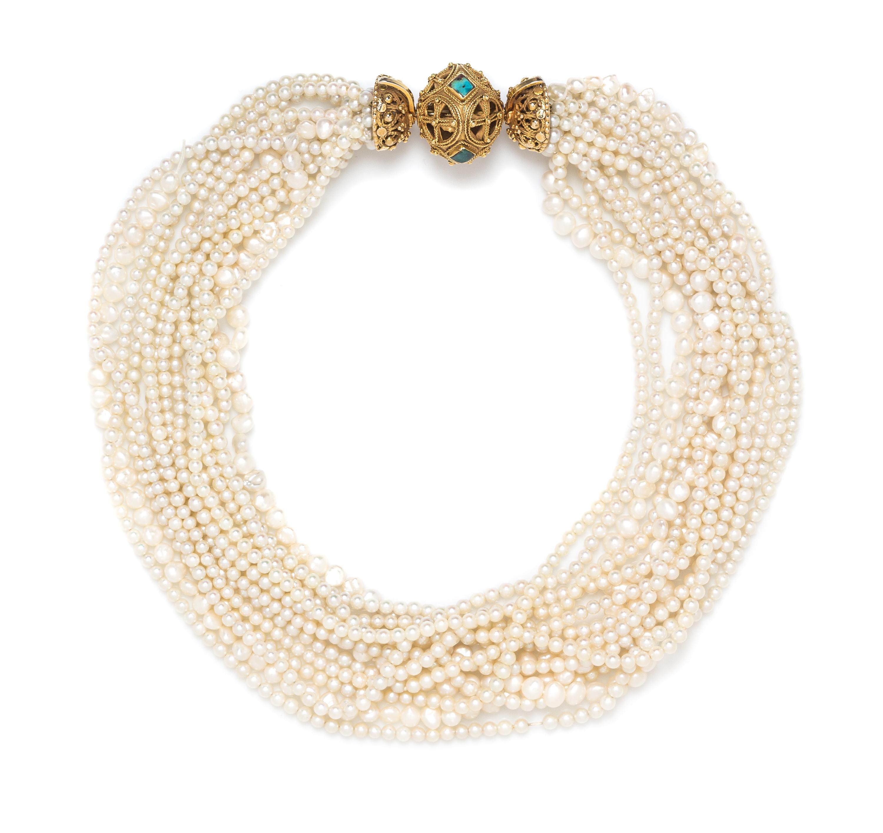 A Yellow Gold, Turquoise and Cultured Pearl Multistrand Torsade Necklace,