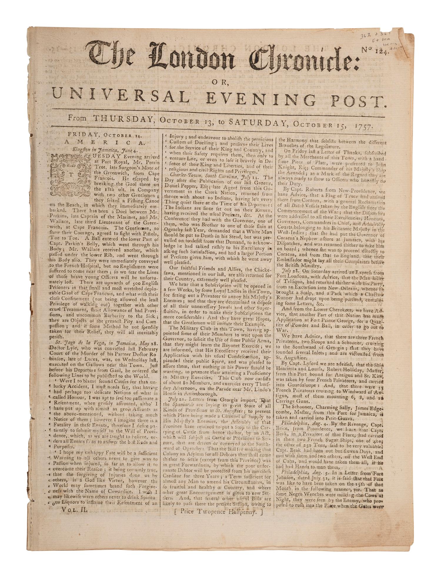[FRENCH & INDIAN WAR]. An account of the Siege of Fort William Henry featured in the London Chronicle . London: 15 October 1757.