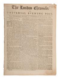 [FRENCH & INDIAN WAR]. An account of the Siege of Fort William Henry featured in the London Chronicle . London: 15 October 1757.