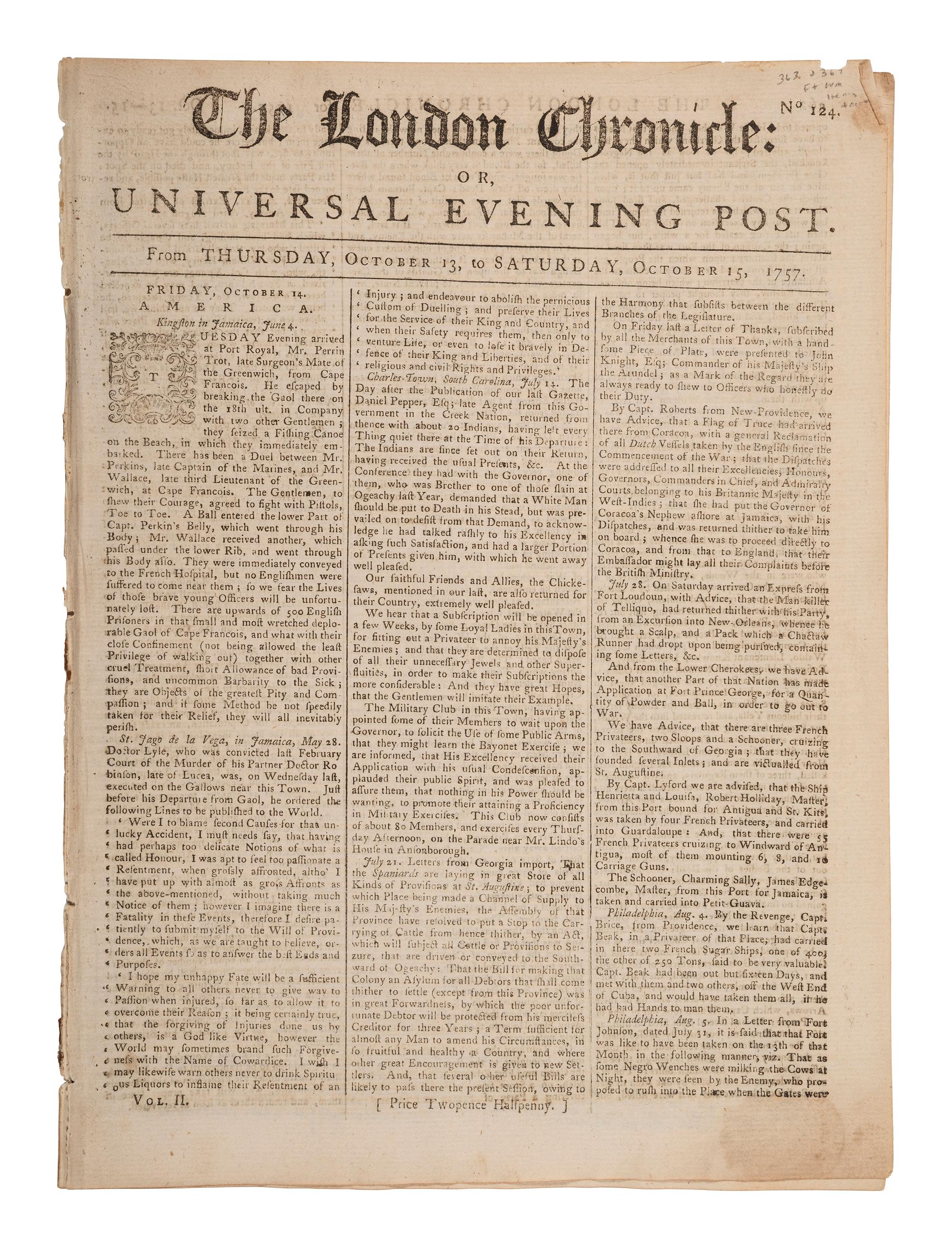 [FRENCH & INDIAN WAR]. An account of the Siege of Fort William Henry featured in the London Chronicle . London: 15 October 1757.