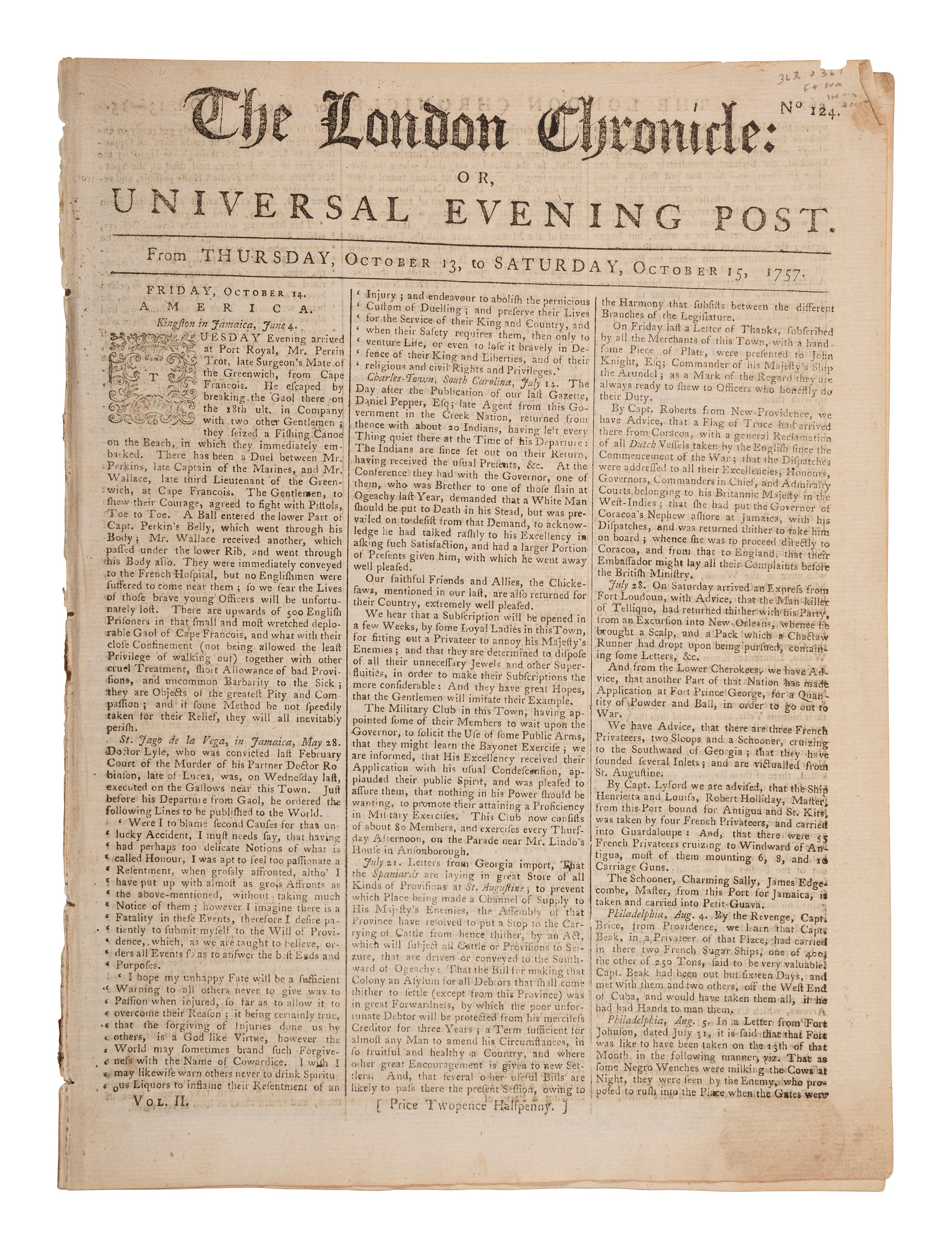 [FRENCH & INDIAN WAR]. An account of the Siege of Fort William Henry featured in the London Chronicle . London: 15 October 1757.