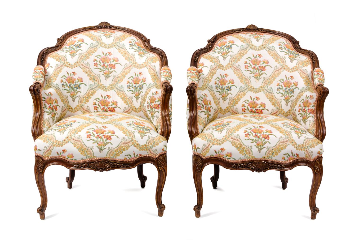 A Pair of Louis XV Style Upholstered and Carved Wood Bergeres Height 34 1/2 x width 24 x depth 27 inches. — 19TH CENTURY