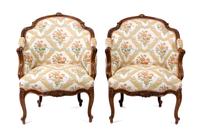 A Pair of Louis XV Style Upholstered and Carved Wood Bergeres Height 34 1/2 x width 24 x depth 27 inches. — 19TH CENTURY