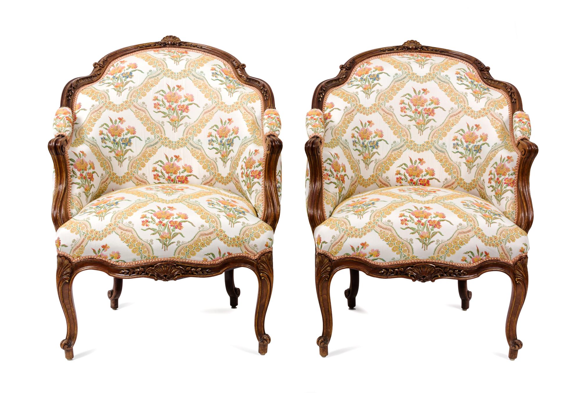 A Pair of Louis XV Style Upholstered and Carved Wood Bergeres Height 34 1/2 x width 24 x depth 27 inches. — 19TH CENTURY