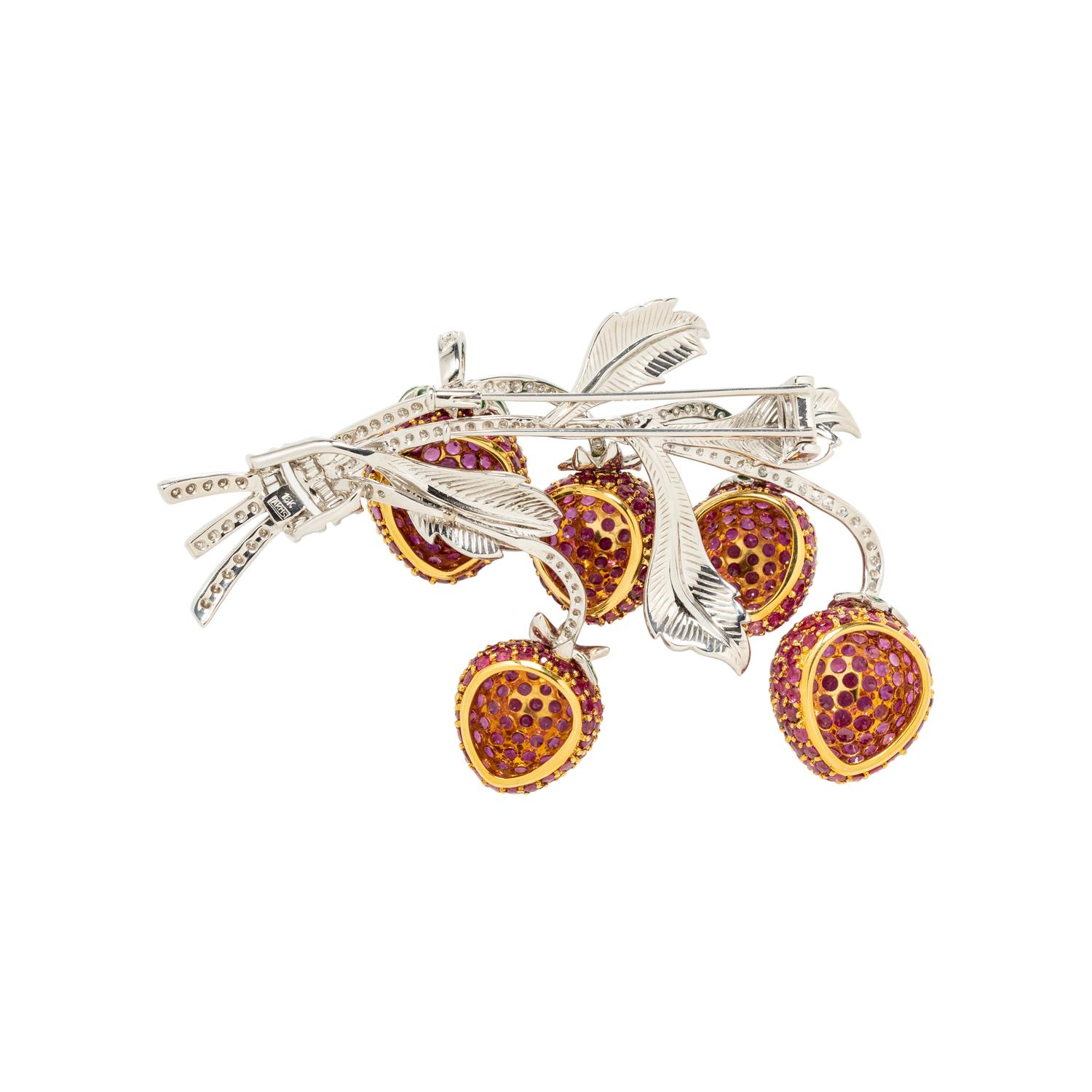 RUBY, DIAMOND AND ENAMEL BERRY BROOCH