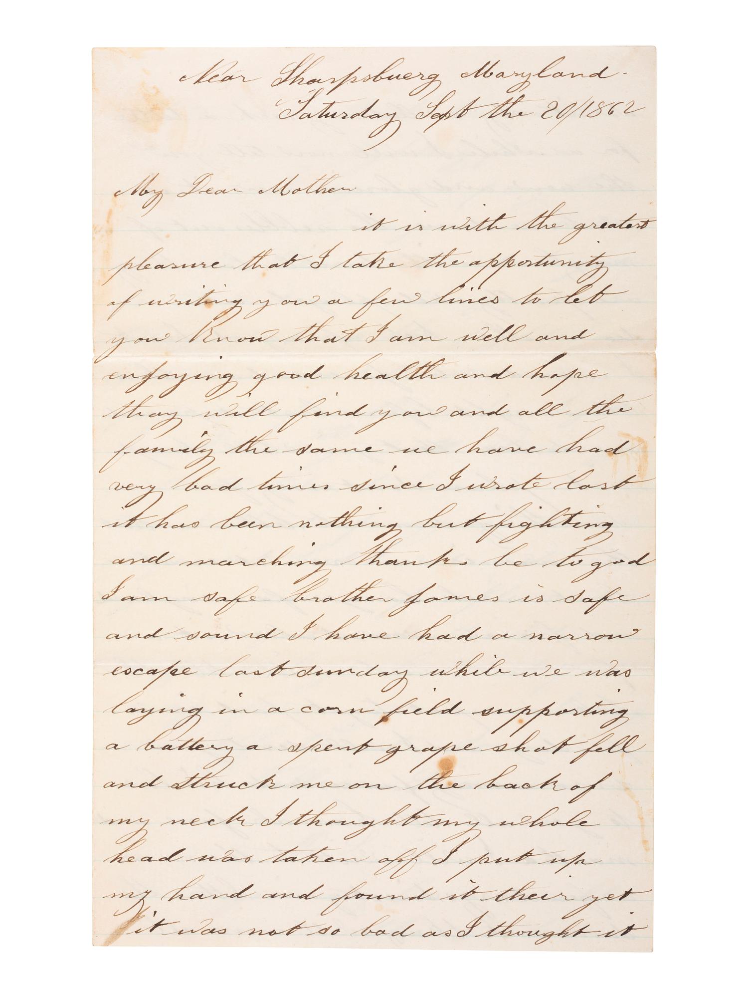 [CIVIL WAR]. Soldier's letter describing a "narrow escape" from death. "Near Sharpsburg Maryland," 20 September 1862.