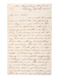 [CIVIL WAR]. Soldier's letter describing a "narrow escape" from death. "Near Sharpsburg Maryland," 20 September 1862.