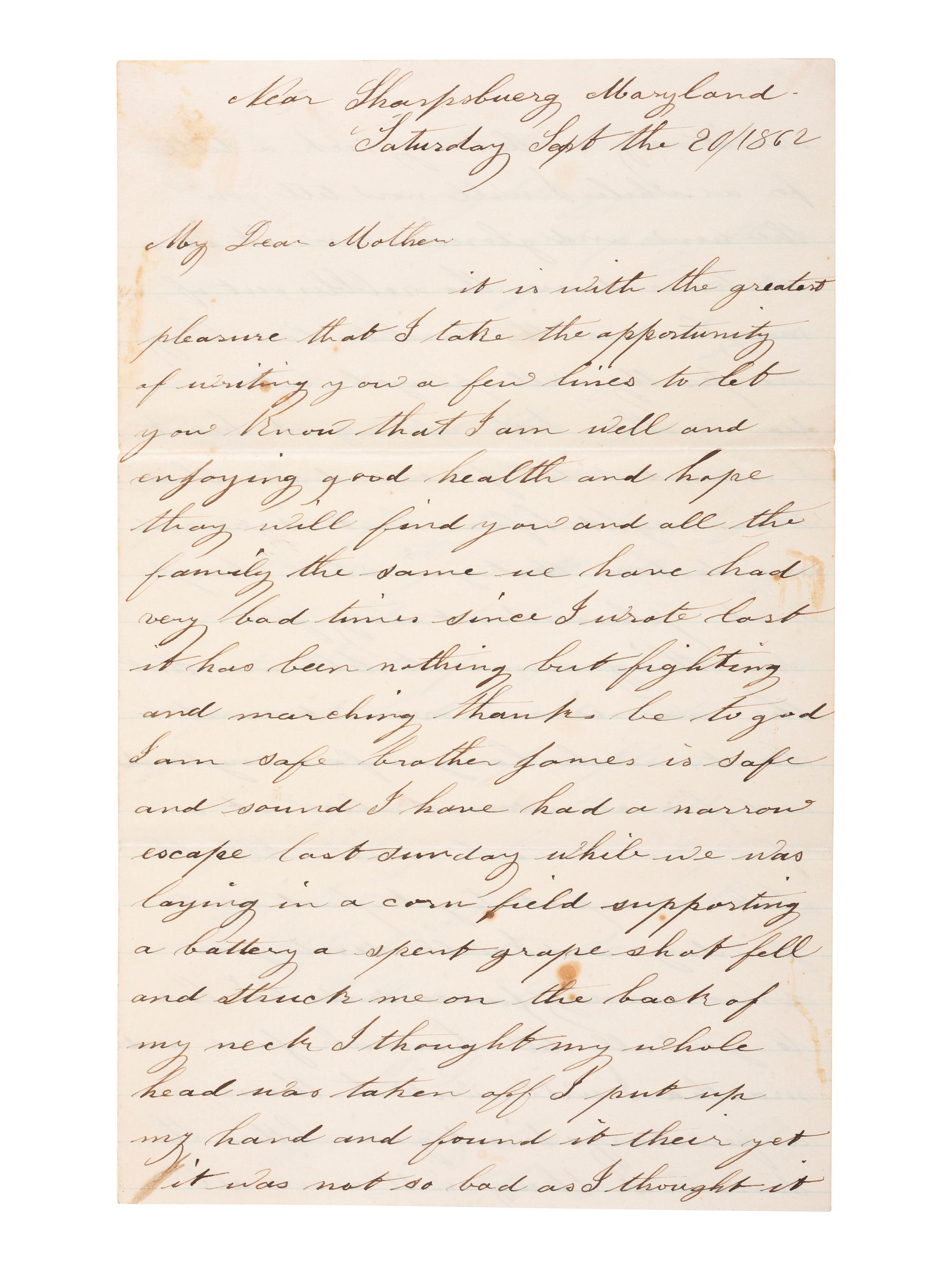 [CIVIL WAR]. Soldier's letter describing a "narrow escape" from death. "Near Sharpsburg Maryland," 20 September 1862.