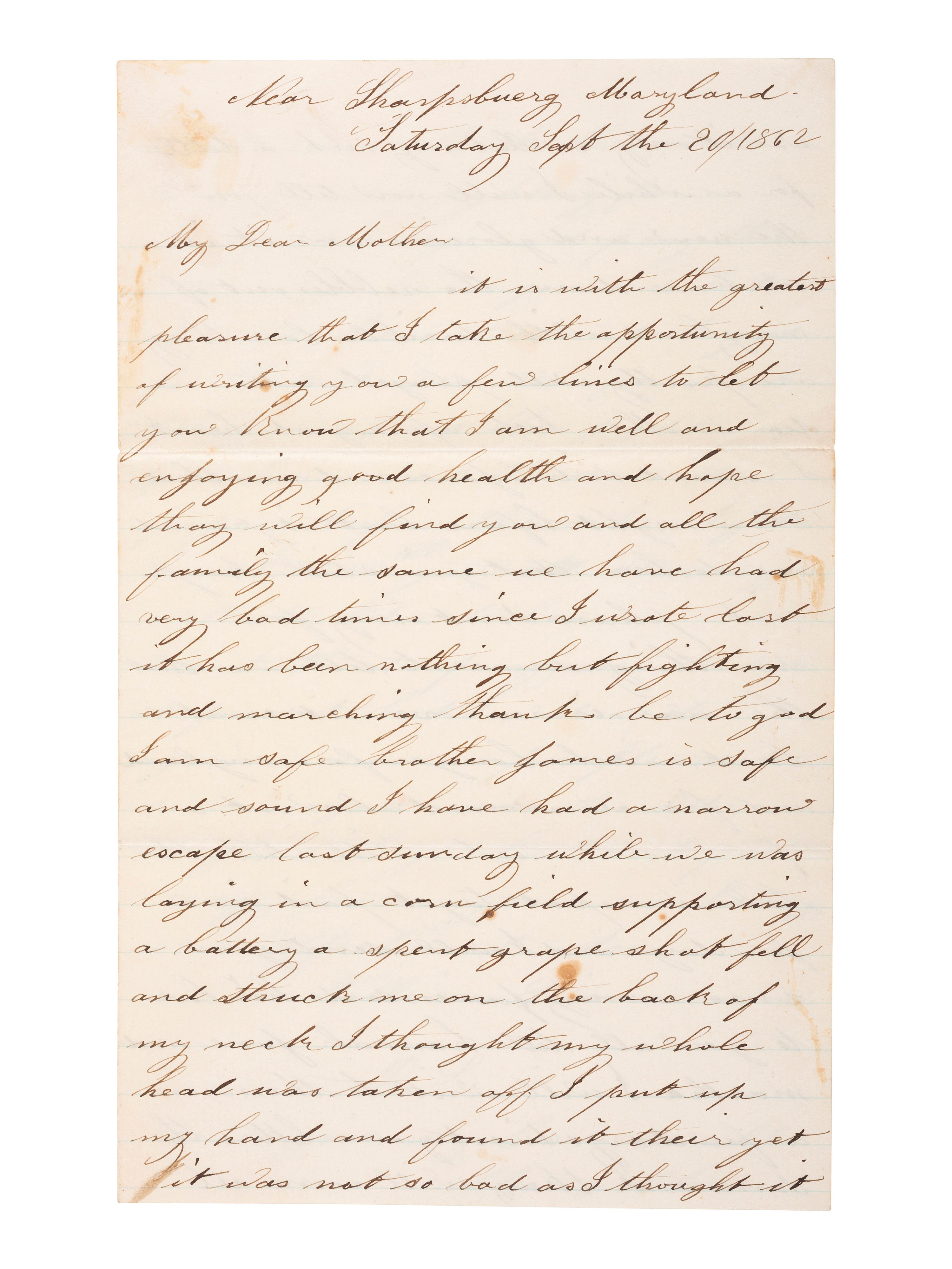 [CIVIL WAR]. Soldier's letter describing a "narrow escape" from death. "Near Sharpsburg Maryland," 20 September 1862.