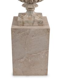 A Pair of Neoclassical Style Faux Marble Painted Terracotta Urns and Stone Plinths