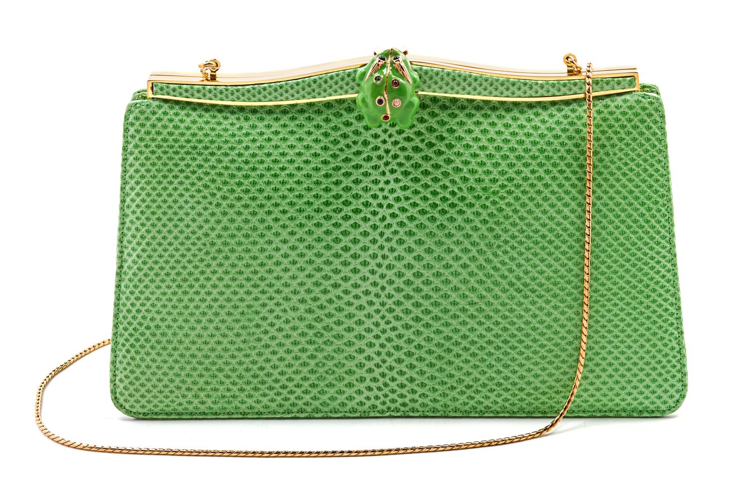 A Judith Leiber Lime Green Karung Snakeskin Evening Bag, 8 1/2 x 4 1/2 x 2 1/2 inches.