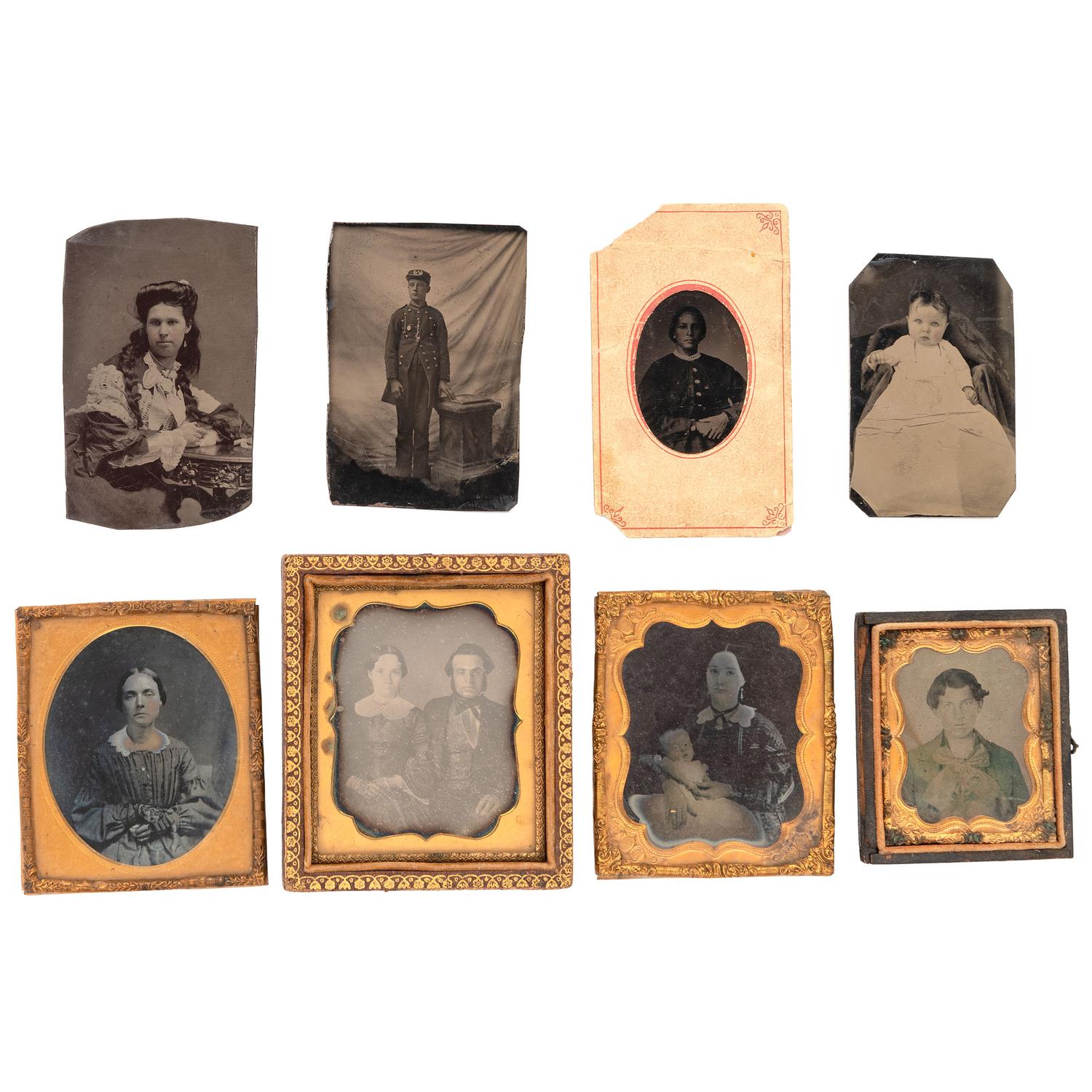 [EARLY PHOTOGRAPHY - PORTRAITURE]. A group of 8 daguerreotype, ambrotype, and tintype portraits of men, women, and children, including: