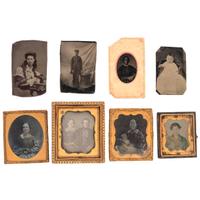 [EARLY PHOTOGRAPHY - PORTRAITURE]. A group of 8 daguerreotype, ambrotype, and tintype portraits of men, women, and children, including: