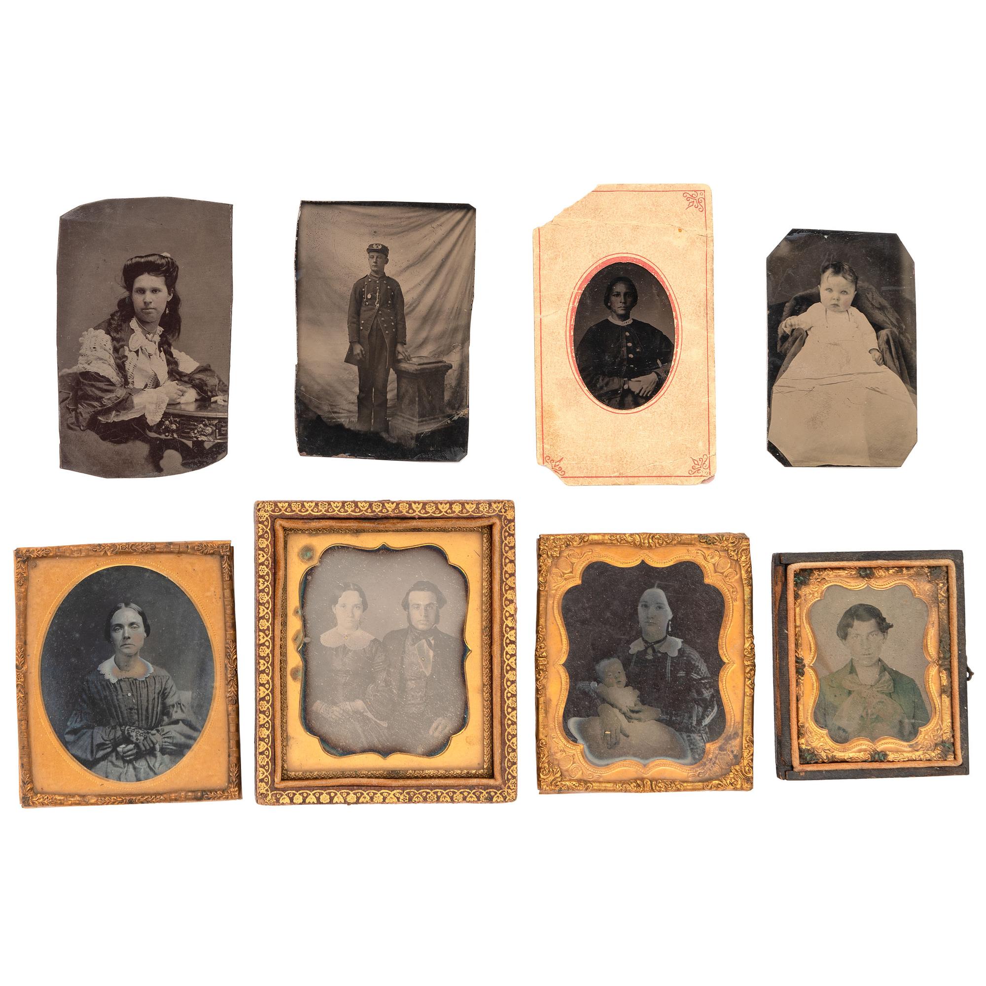 [EARLY PHOTOGRAPHY - PORTRAITURE]. A group of 8 daguerreotype, ambrotype, and tintype portraits of men, women, and children, including: