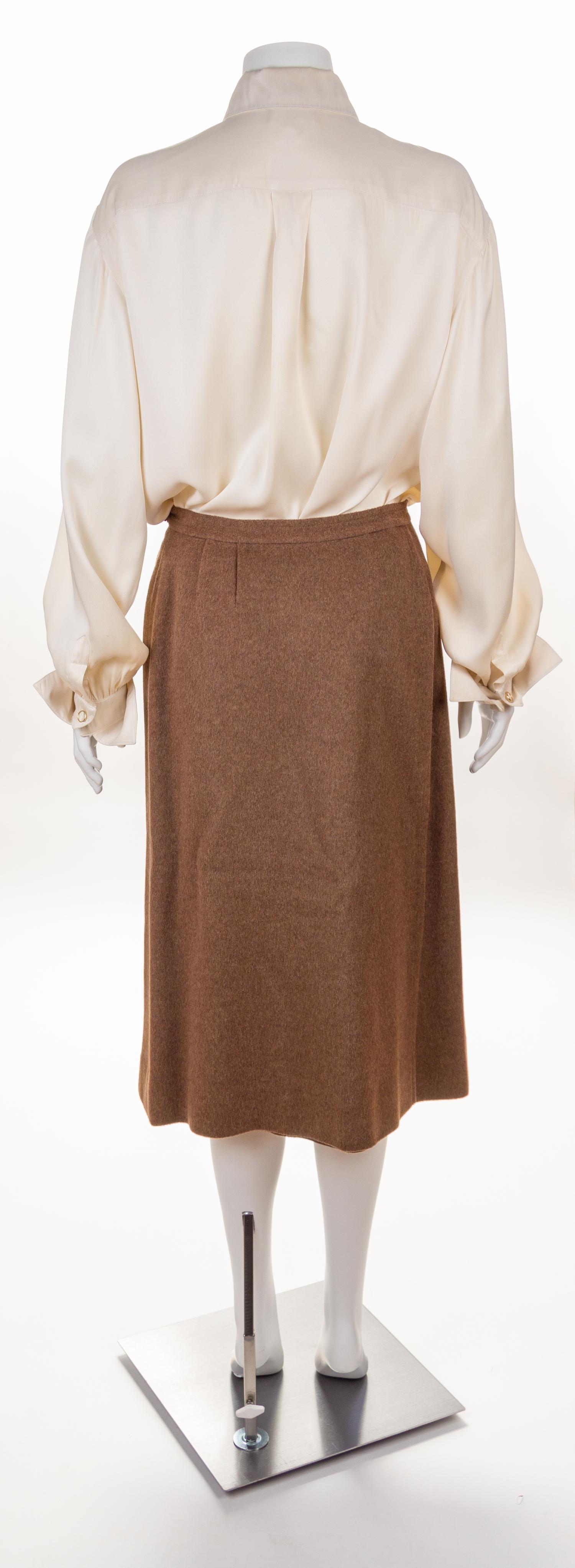 An Hermès Vintage Brown Wool Cashmere and Silk Reversible Coat and Skirt Ensemble, Coat size medium; Skirt size 40; Blouse size 44; Sca