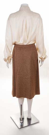 An Hermès Vintage Brown Wool Cashmere and Silk Reversible Coat and Skirt Ensemble, Coat size medium; Skirt size 40; Blouse size 44; Sca