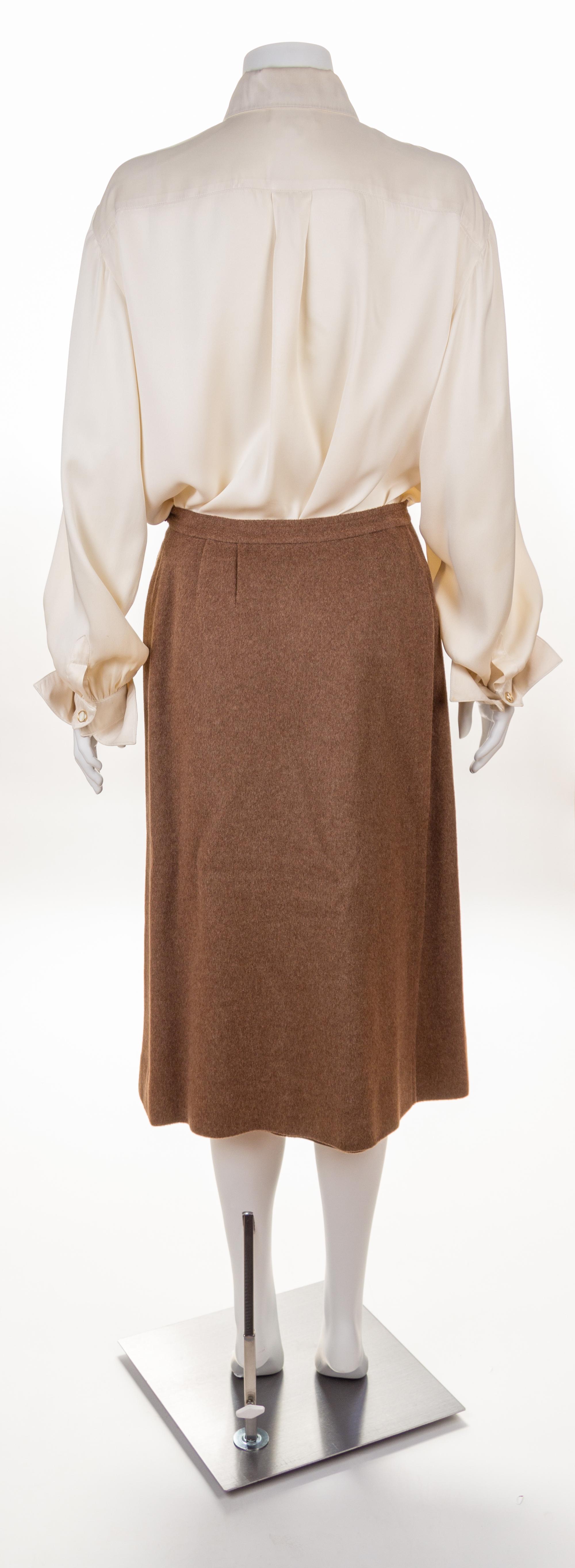 An Hermès Vintage Brown Wool Cashmere and Silk Reversible Coat and Skirt Ensemble, Coat size medium; Skirt size 40; Blouse size 44; Sca