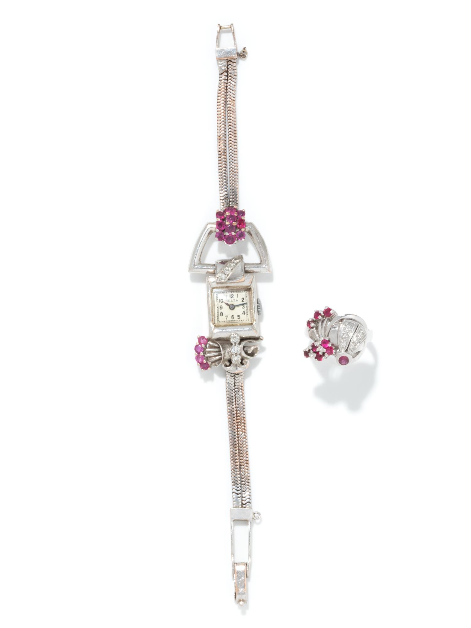 RETRO, COLLECTION OF WHITE GOLD, DIAMOND AND RUBY JEWELRY