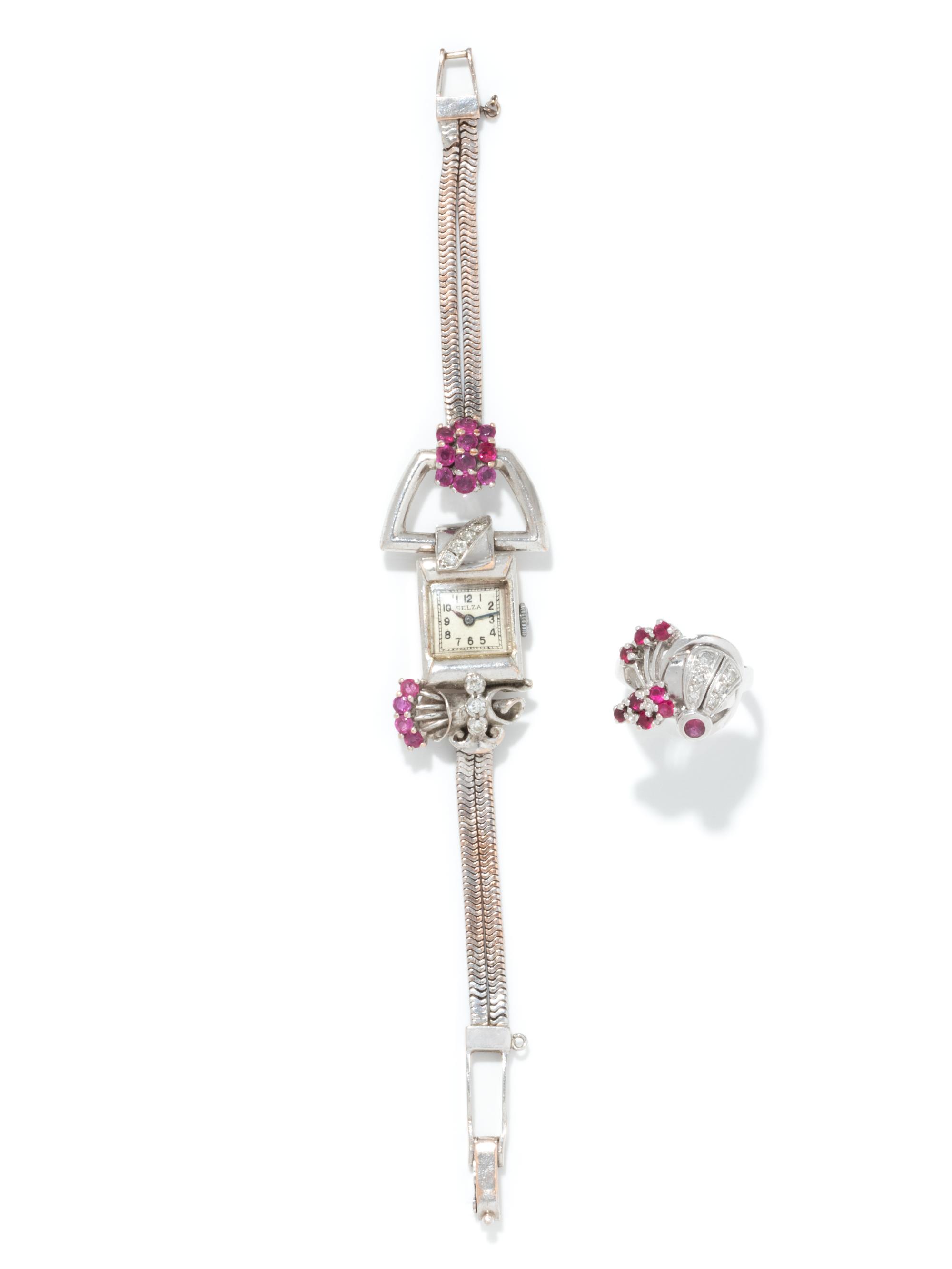 RETRO, COLLECTION OF WHITE GOLD, DIAMOND AND RUBY JEWELRY