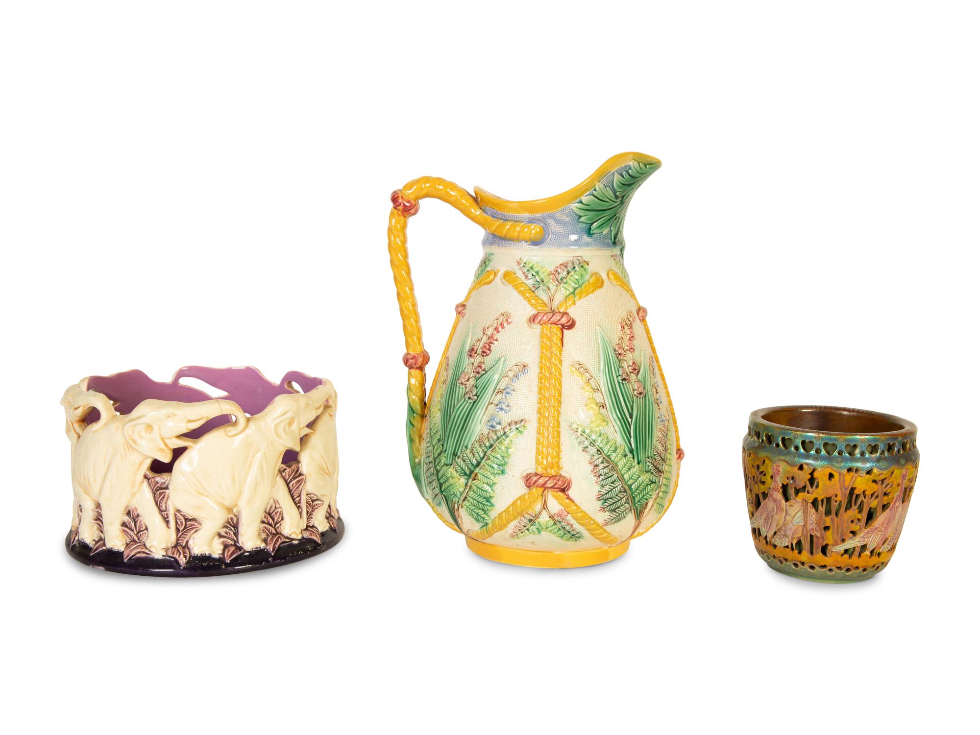 A Zsolnay Iridescent Art Pottery Cachepot and Two Majolica Table Articles — 19th/20th Century
