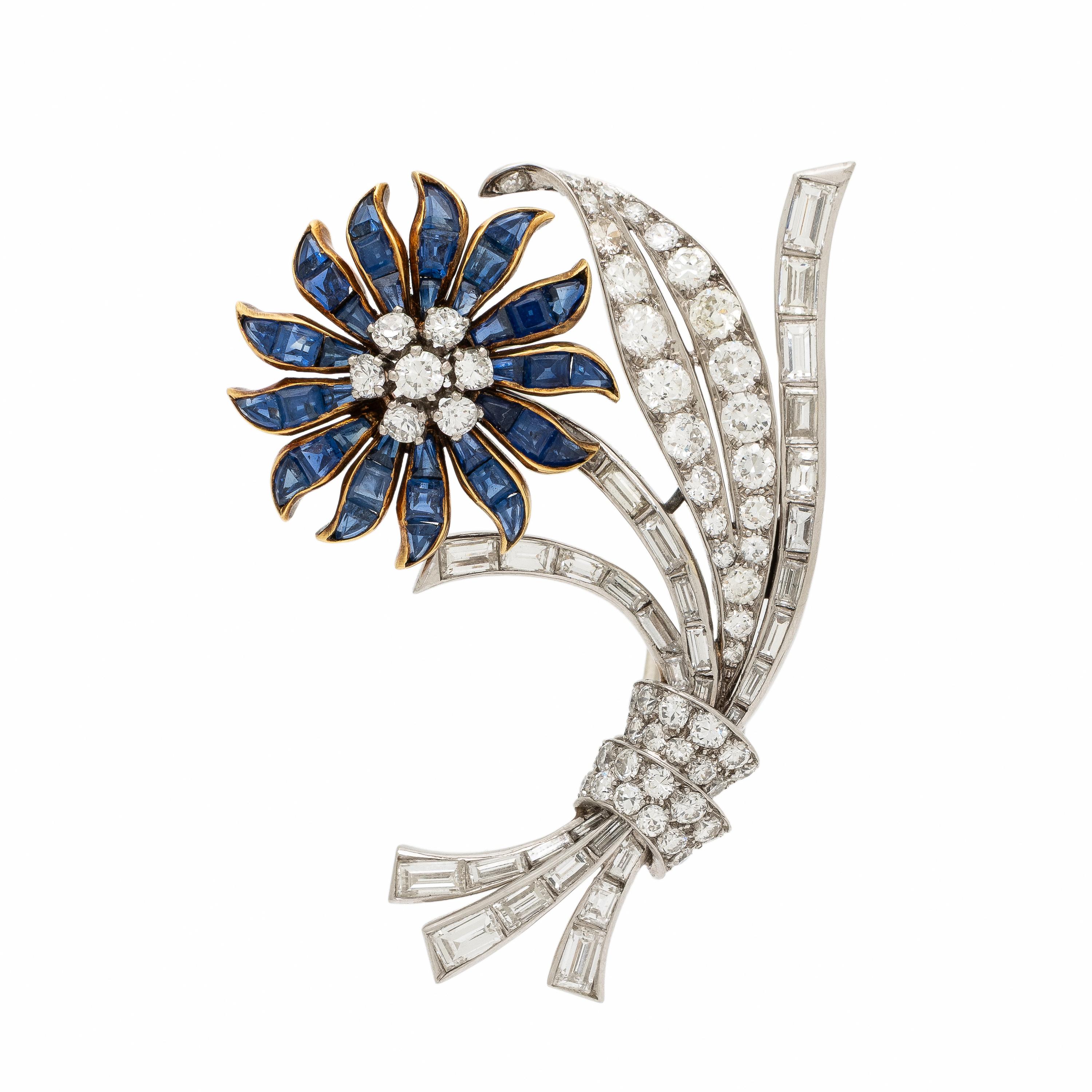 Sapphire and Diamond Flower Brooch
